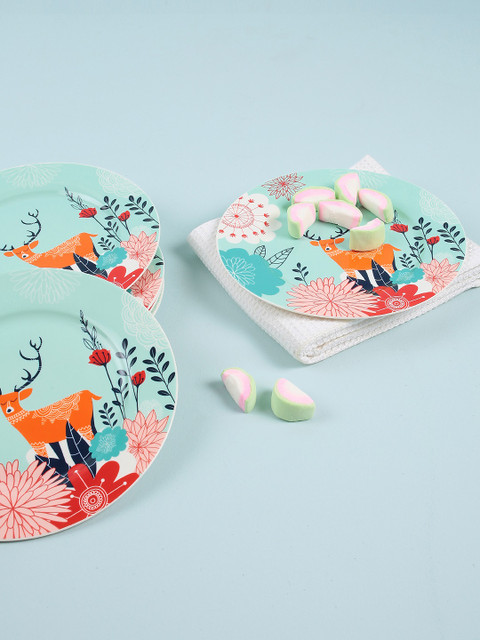 

Chumbak Set Of 6 Teal Blue & Red Printed Blissful Woodlands Plates