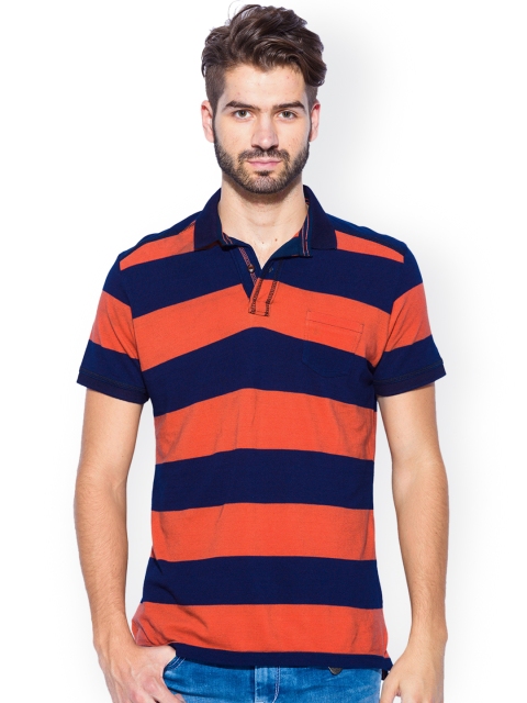 

Mufti Orange & Navy Striped Slim Fit Polo T-shirt