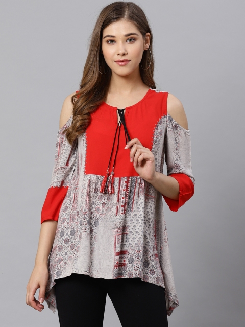 

Kiaasa Women Grey & Red Printed Cold-Shoulder A-Line Top