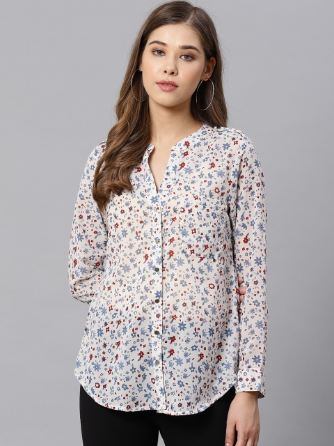 

Kiaasa Women White & Blue Regular Fit Floral Printed Semi-Sheer Casual Shirt