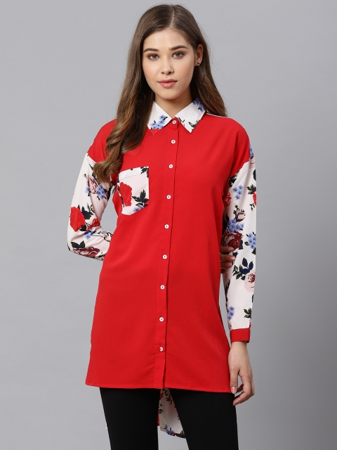 

Kiaasa Women Red & White Regular Fit Floral Back Print Longline Casual Shirt