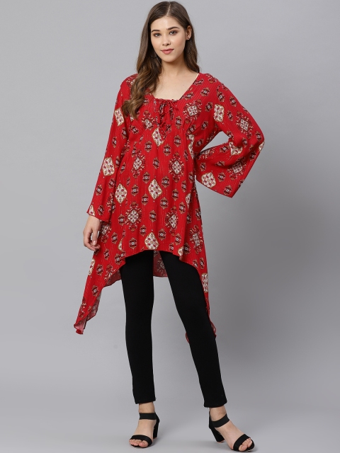 

Kiaasa Women Red & White Ethnic Print Longline Asymmetric A-Line Top