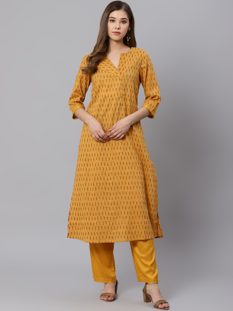 

Kiaasa Women Mustard Yellow & Brown Woven Design Kurta with Trousers