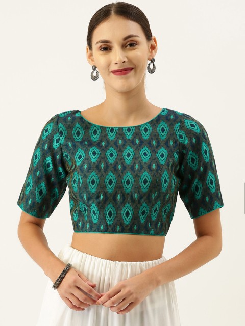 

Soch Women Charcoal Grey & Teal Green Woven Design Art Silk Saree Blouse