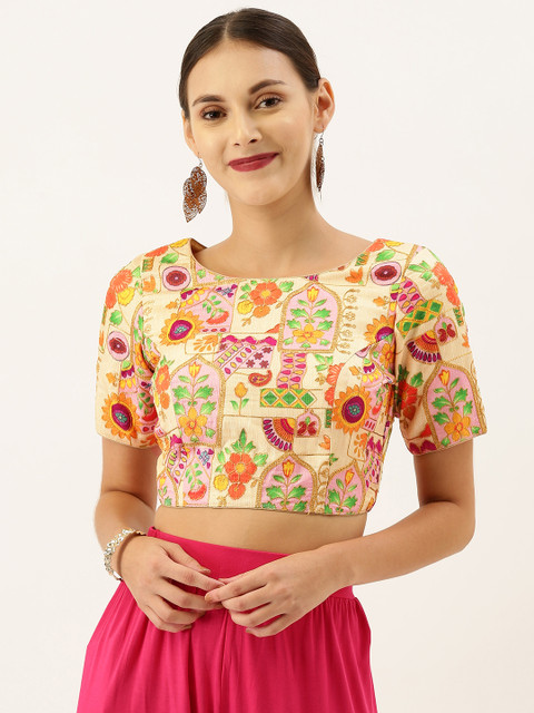 

Soch Women Cream-Coloured & Rust Orange Embroidery Tussar Silk Saree Blouse