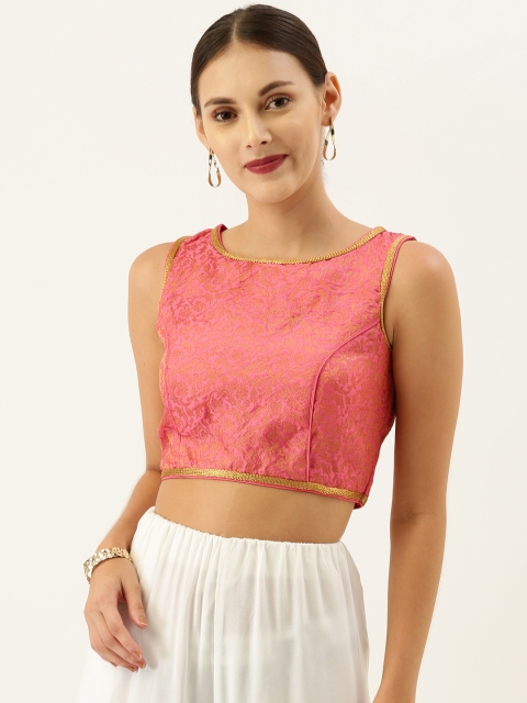 

Soch Women Pink & Golden Woven Design Art Silk Saree Blouse