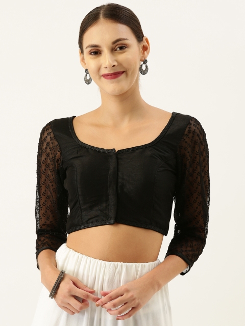 

Soch Women Black Solid Raw Silk Blouse With Semi-Sheer Sleeves