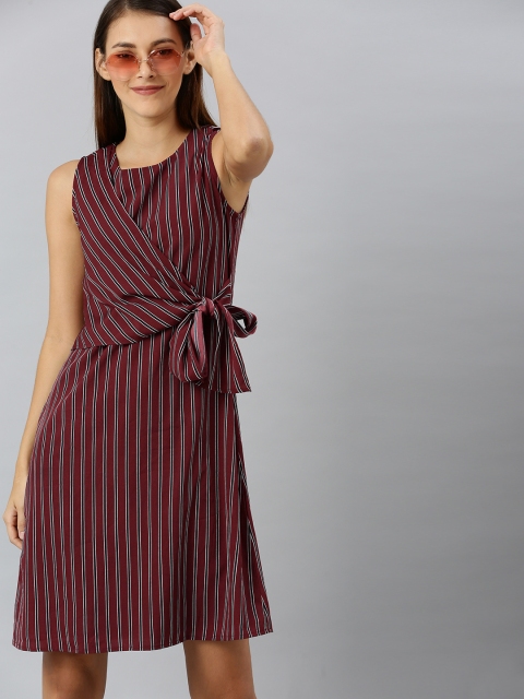 

RARE Women Red and Black Striped A-Line Dress with Tie-Up Detail