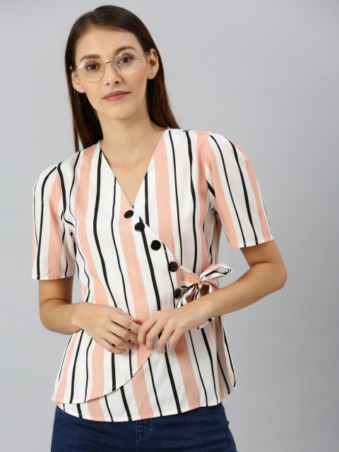 

RARE Women White Striped & Peach-Coloured Side Tie-Up Wrap Top