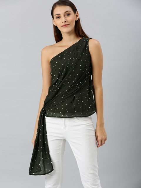 

RARE Women Olive Green Geometric Printed One-Shoulder Top