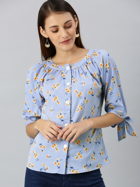 

RARE Women Blue & Orange Floral Printed Tie-Up Cuffed Top