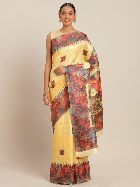 

KALINI Yellow Cotton Blend Printed Khadi Saree