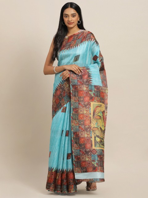 

KALINI Teal Blue & Beige Cotton Blend Printed Khadi Saree