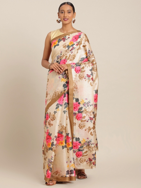 

KALINI Beige & Pink Cotton Blend Printed Khadi Saree