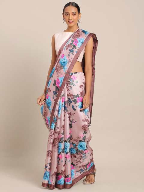 

KALINI Pink & Brown Cotton Blend Floral Digital Printed Khadi Saree