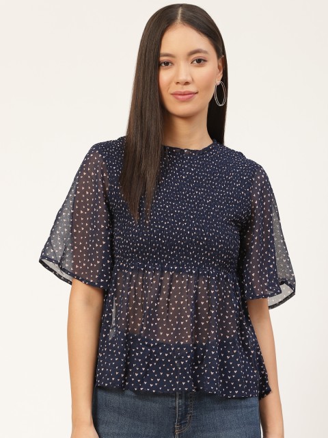 

ONLY Women Navy Blue & Pink Heart Printed Sheer Empire Top