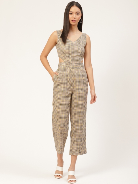 

ONLY Women Brown & Black Checked Basic Crop Jumpsuit, Beige