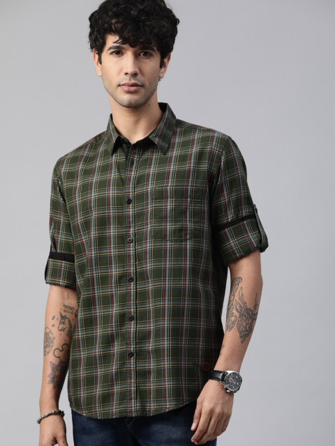 

Roadster Men Olive Green & Blue Regular Fit Checked Casual Shirt