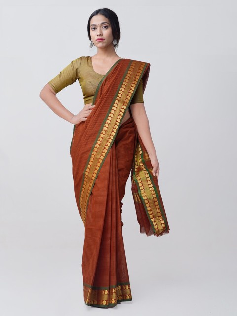 

Unnati Silks Rust Pure Cotton Solid Handloom Chettinad Sustainable Saree