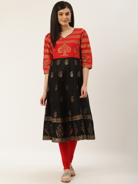 

Varkha Fashion Women Black & Red Block Print A-Line Kurta