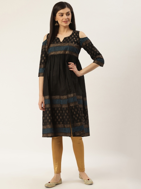 

Varkha Fashion Women Black & Golden Block Print Cold-Shoulder A-Line Empire Kurta