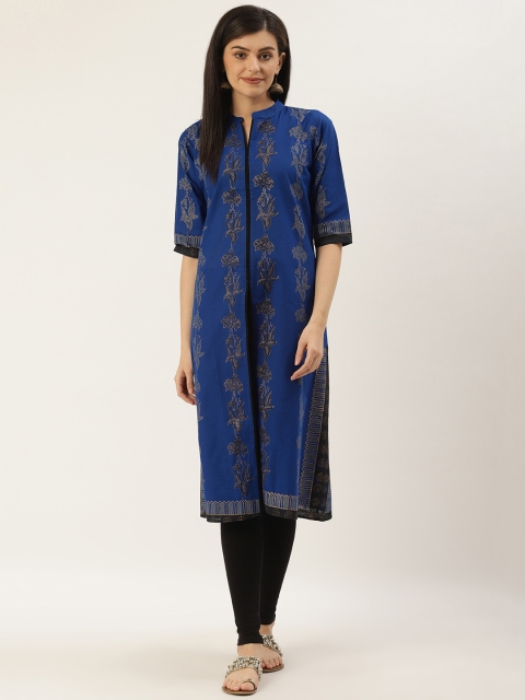 

Varkha Fashion Women Navy Blue & Charcoal Grey Hand Block Printed A-Line Kurta