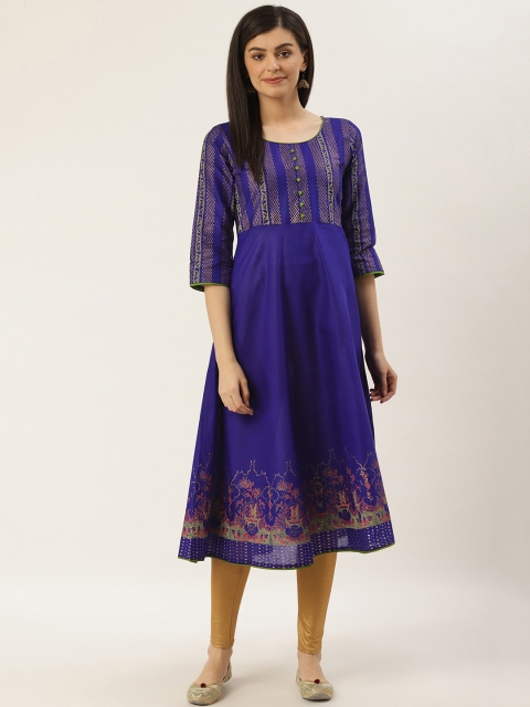 

Varkha Fashion Women Blue & Golden Block Print A-Line Kurta