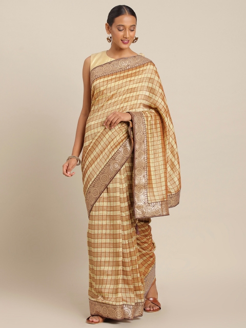 

KALINI Coffee Brown & Off-White Silk Cotton Checked Saree