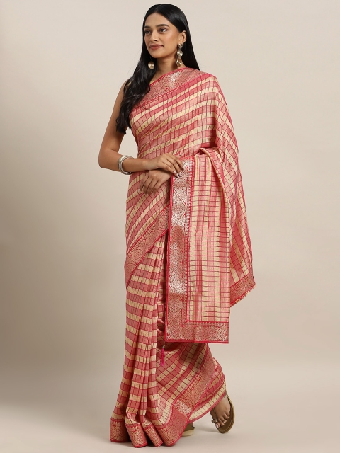 

KALINI Coral Pink & Gold-Toned Silk Cotton Checked Banarasi Saree