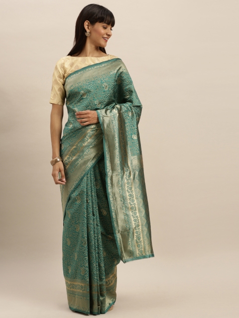

KALINI Teal Green & Gold-Toned Art Silk Woven Design Banarasi Saree