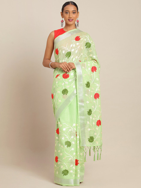 

KALINI Green Embroidered Linen Blend Saree
