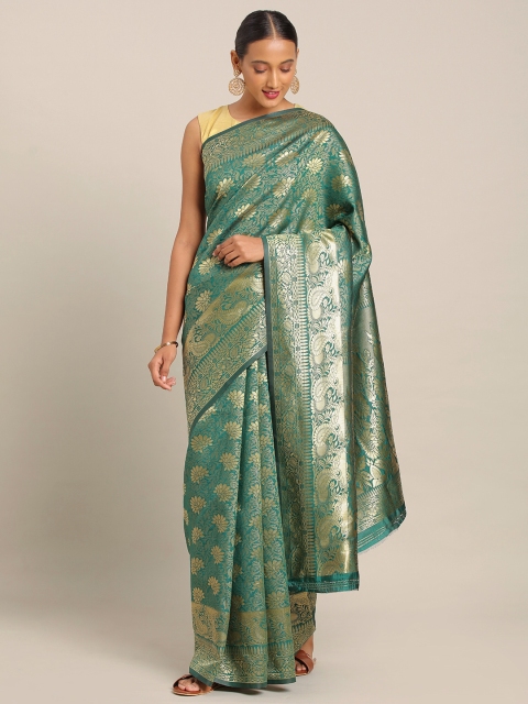 

KALINI Green & Gold-Toned Art Silk Woven Design Banarasi Saree