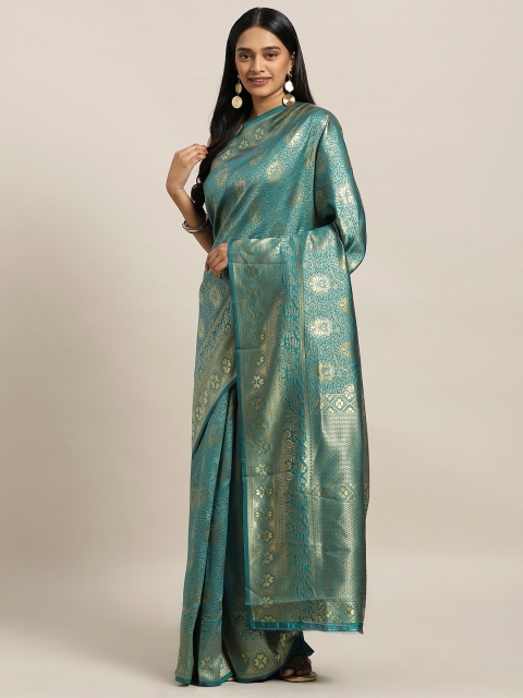 

KALINI Teal Green & Gold-Toned Art Silk Woven Design Banarasi Saree