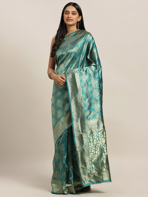 

KALINI Teal Green & Gold-Toned Art Silk Woven Design Banarasi Saree