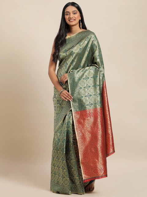 

KALINI Green & Gold-Toned Art Silk Woven Design Banarasi Saree