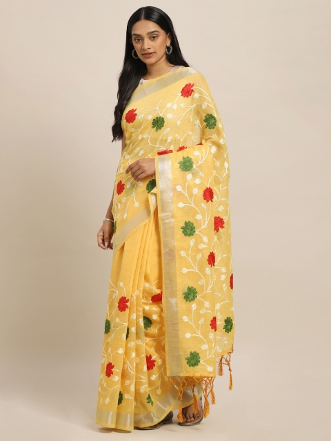 

KALINI Yellow Embroidered Linen Blend Saree