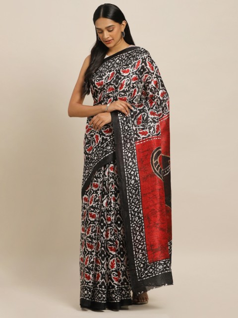 

KALINI Black & Red Cotton Blend Printed Khadi Saree