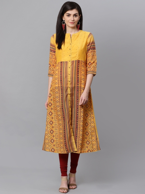 

Kifahari Women Yellow & Burgundy Tribal Kalamkari Printed A-Line Kurta