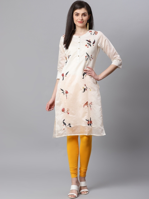 

Kifahari Women Off-White & Navy Blue Floral Embroidery Straight Kurta