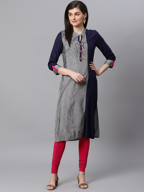 

Kifahari Women Grey & Navy Blue Embroidered Straight Kurta