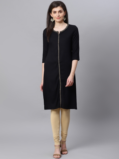 

Kifahari Women Black & Golden Slim Fit Solid Straight Kurta