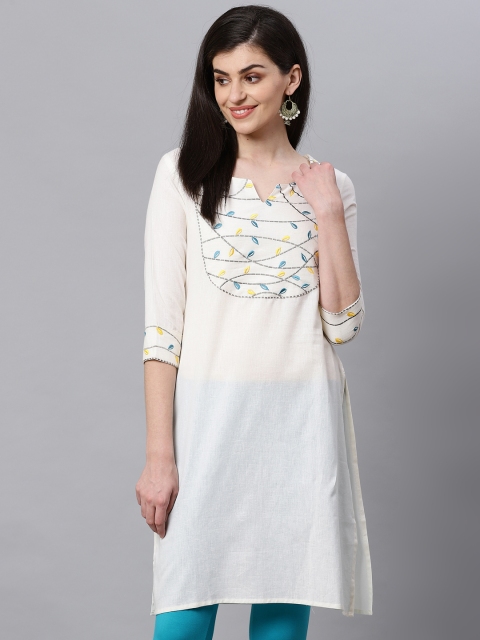 

Kifahari Women Off-White & Grey Leaf Yoke Embroidered Straight Kurta