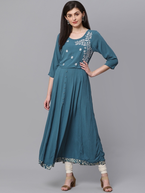 

Kifahari Women Teal Green & Beige Embroidered Anarkali Kurta