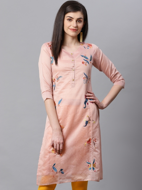

Kifahari Women Pink & Blue Phulkari Embroidered Straight Kurta