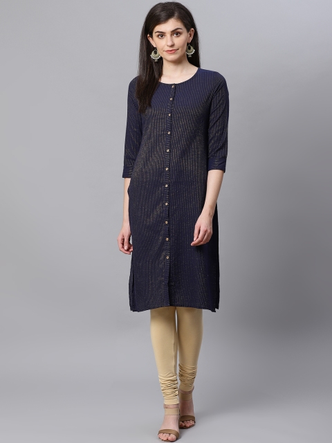 

Kifahari Women Navy Blue & Golden Striped Straight Kurta