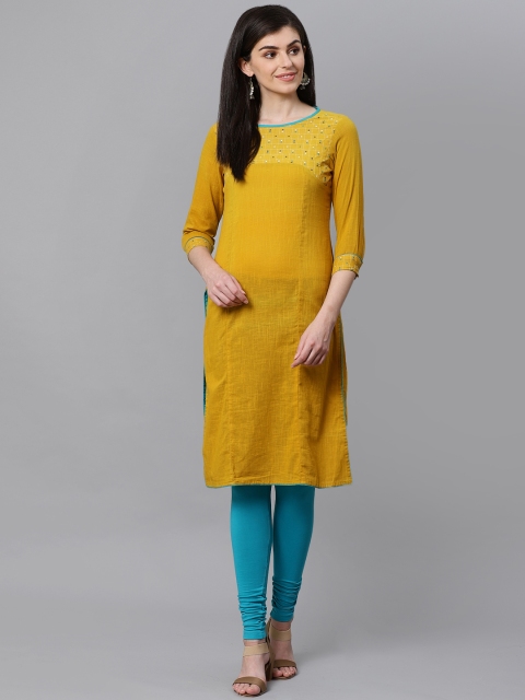

Kifahari Women Mustard Yellow Slim Fit Yoke Design Straight Kurta
