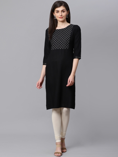 

Kifahari Women Black & Silver Yoke Embroidered Straight Kurta