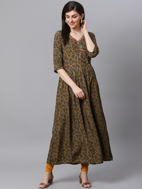 

Kifahari Women Olive Green & Black Printed Angrakha A-Line Kurta