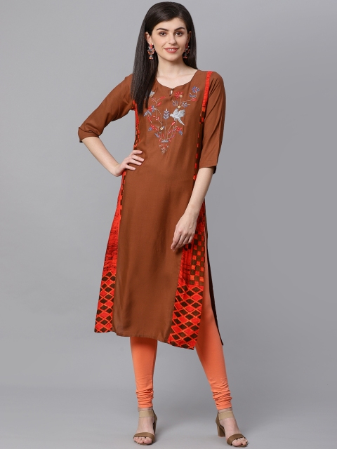 

Kifahari Women Brown & Red Yoke Embroidered Straight Kurta