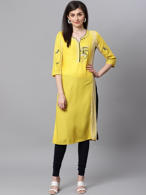 

Kifahari Women Yellow & Navy Blue Yoke Embroidered Straight Kurta